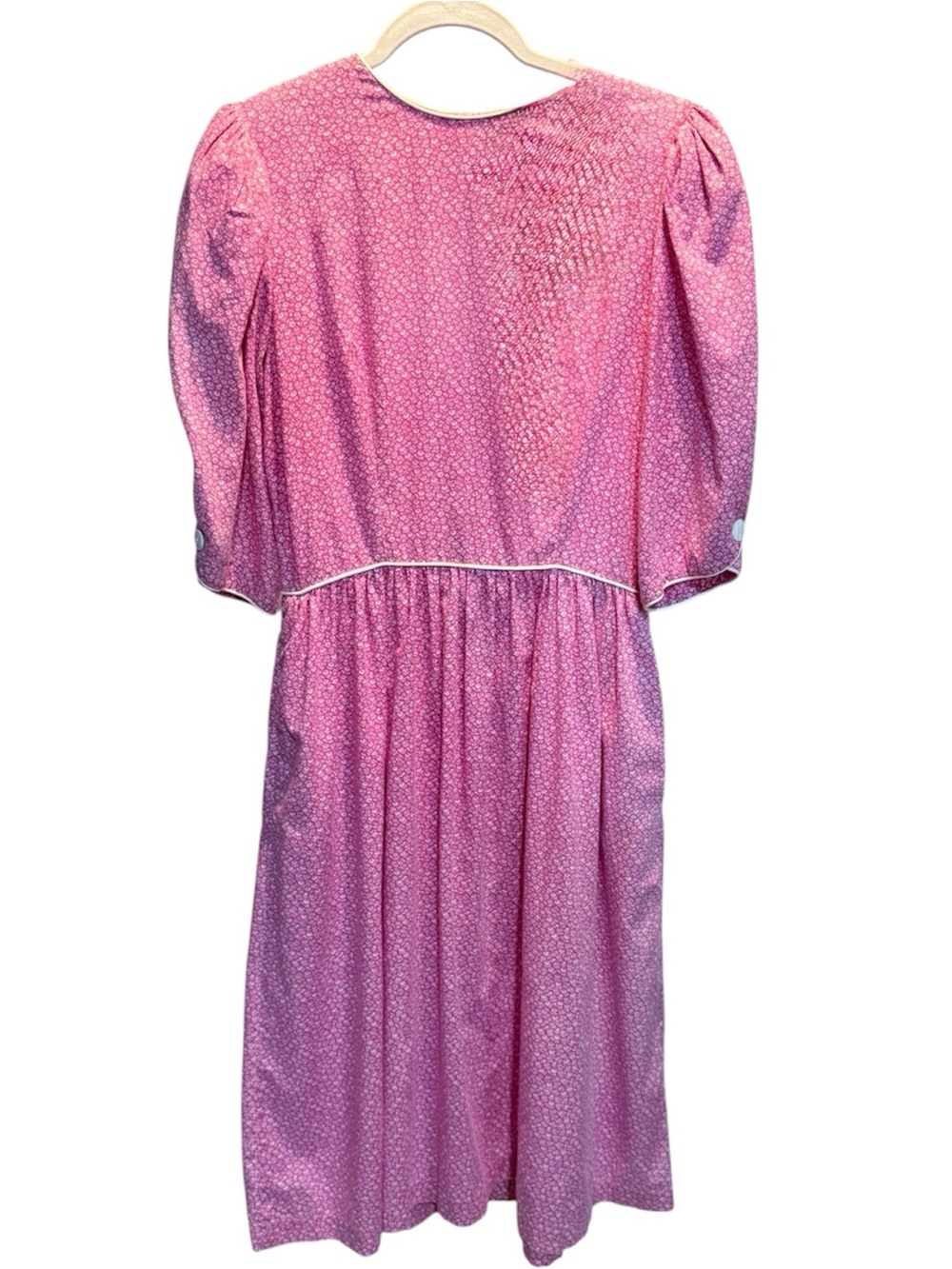 American True Vintage Dress, 1970โs. Prairie Style, Pink With Tiny White Flowers